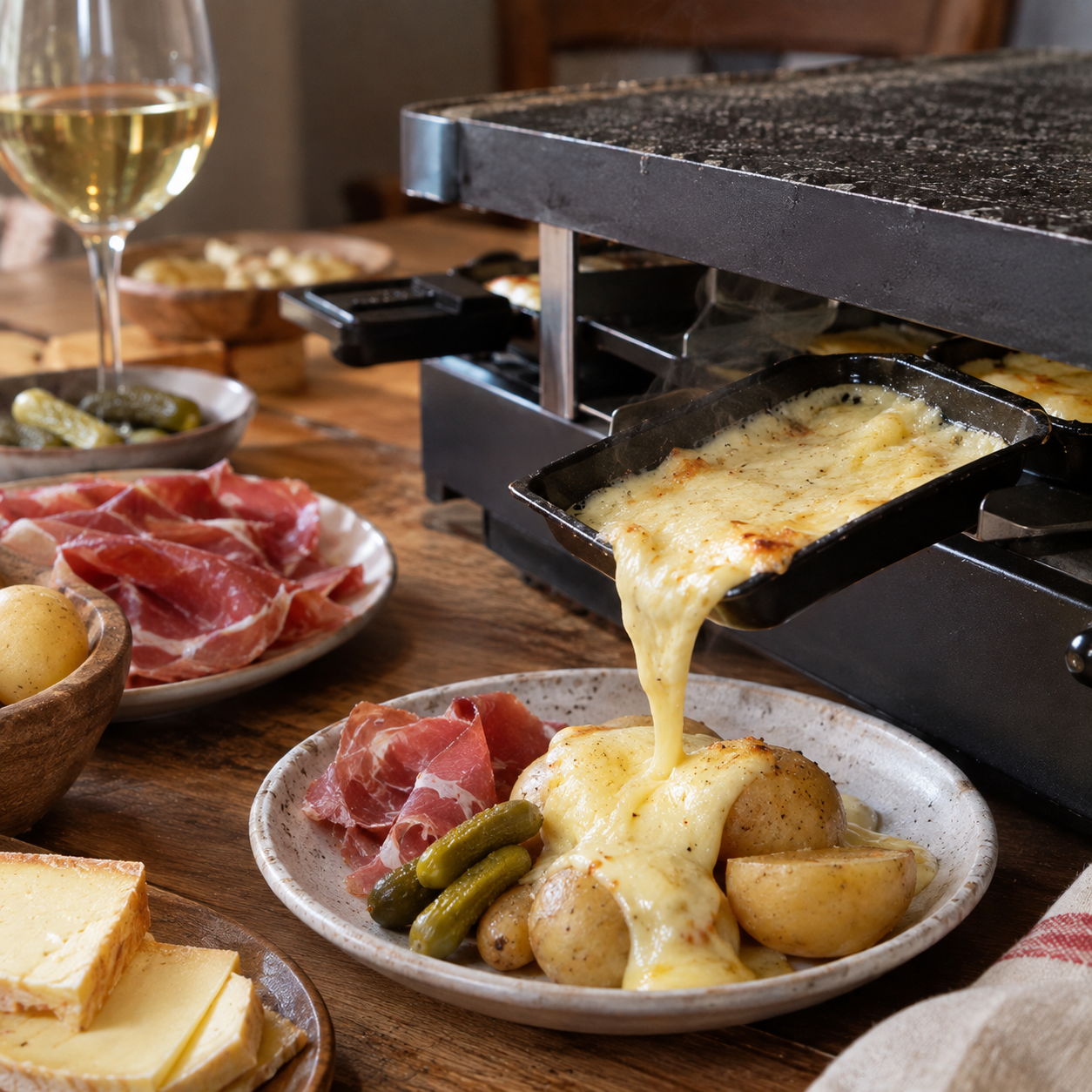 La raclette aux fromages de savoie avec sa charcuterie