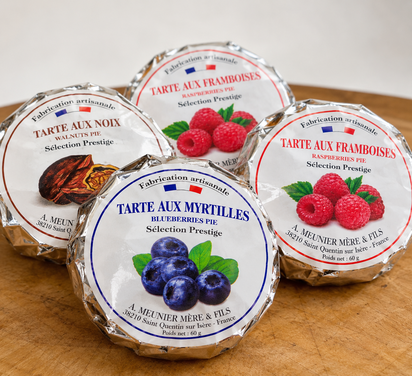 LOT de 4 tartes 60g (2 myrtille et 2 framboise)