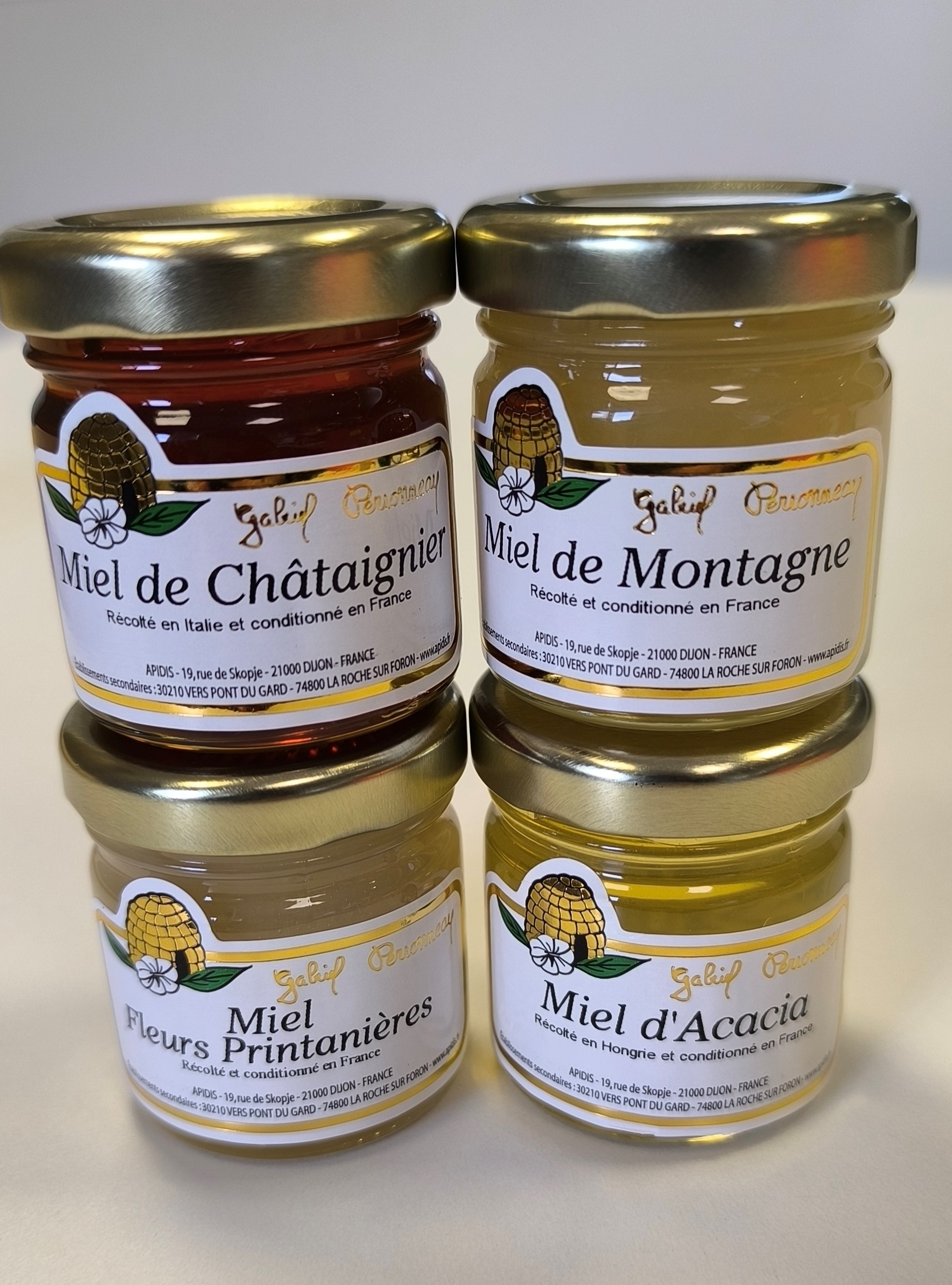 Lot de 4 x 50g Miel de montagne, Ch&#226;taignier, Fleurs printani&#232;res, Acacia