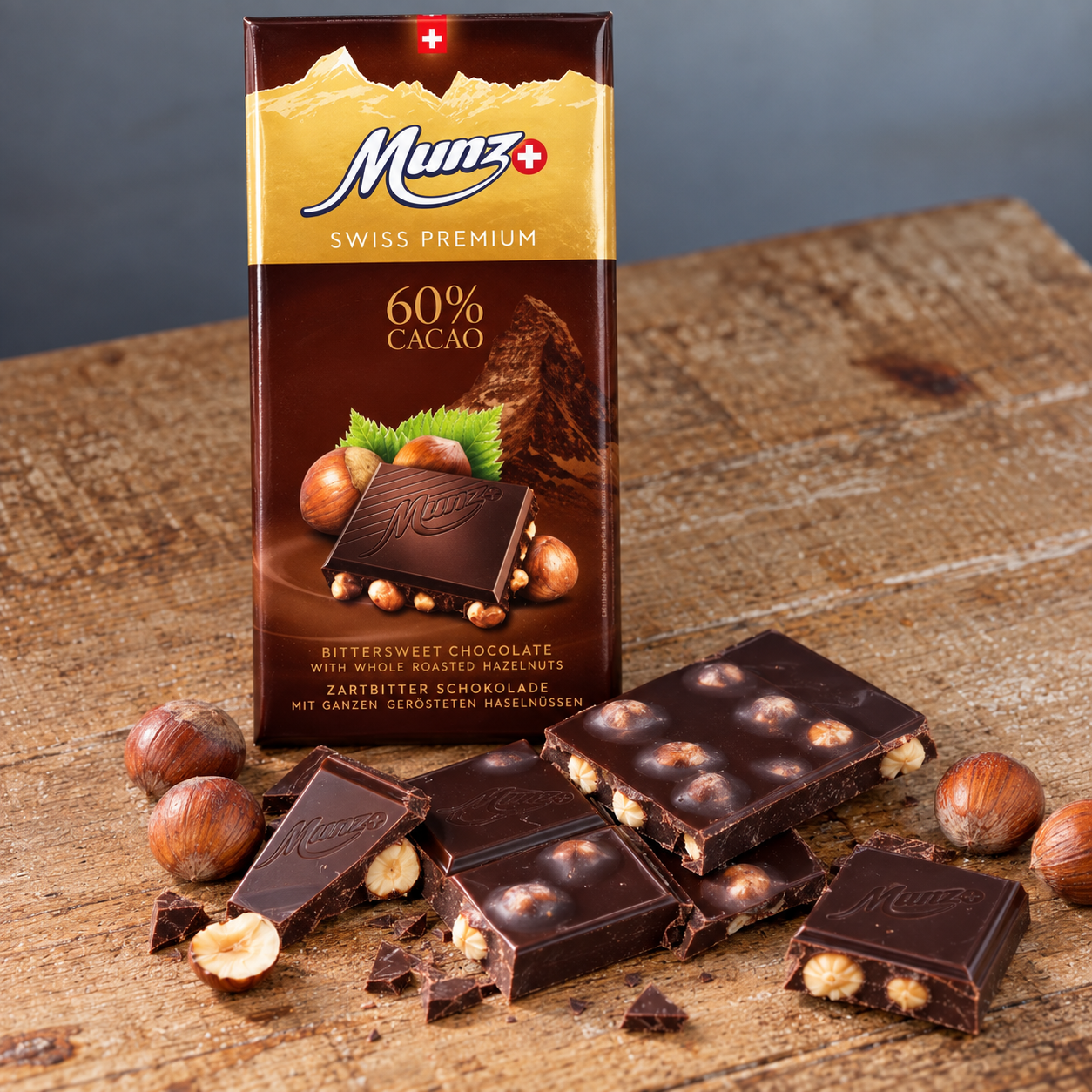 Tablette chocolat Suisse MUNZ Noir 60% Noisettes